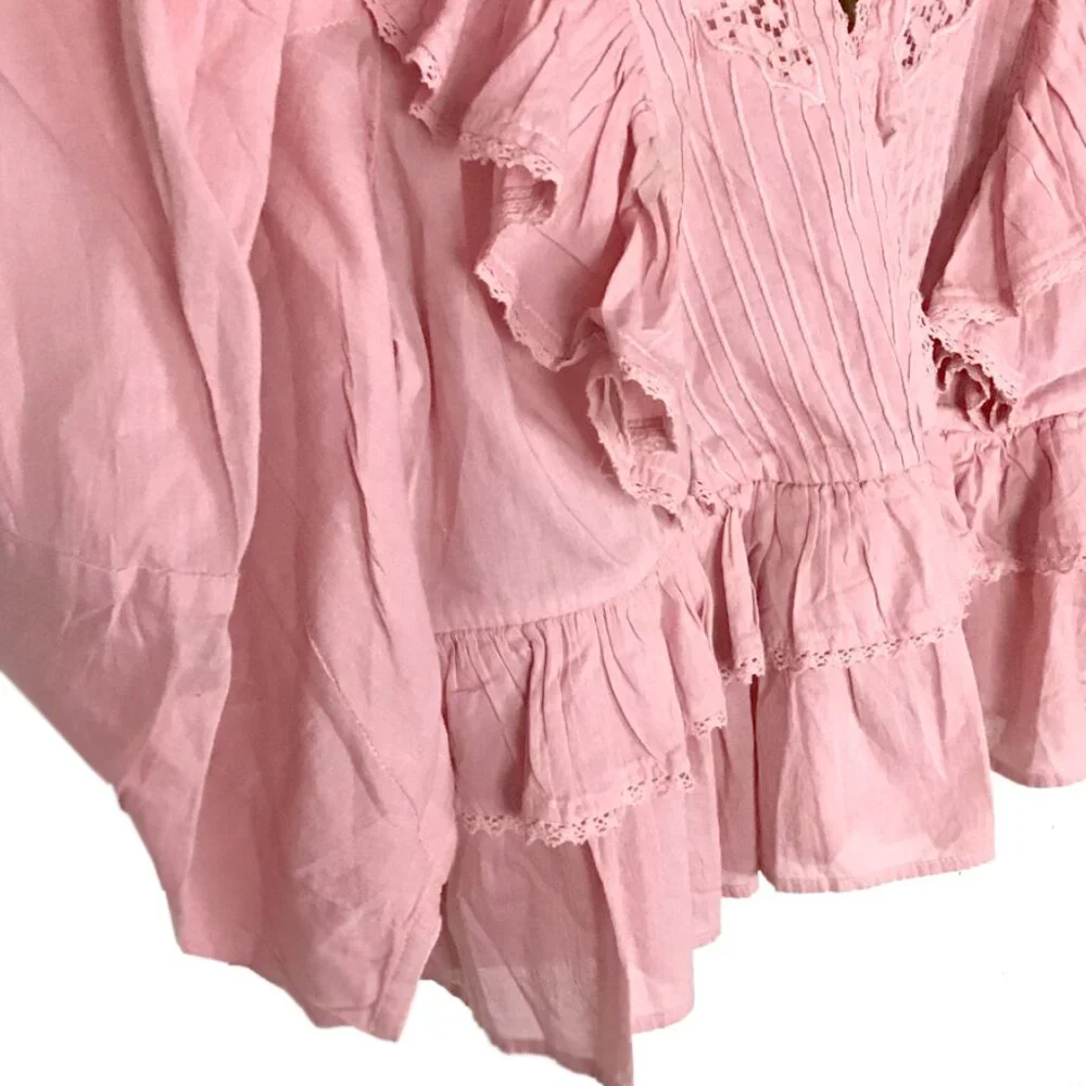 FARM Rio Blush Pink Puff Sleeve V-Neck Blouse